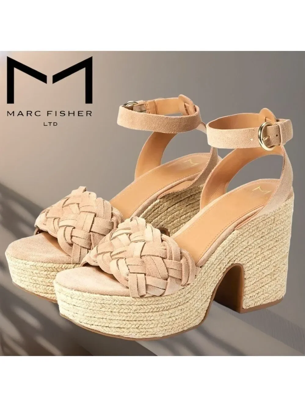 MARC FISHER Odilia Leather Upper Jute-Wrapped Platform Espadrille Wedge Sandals
